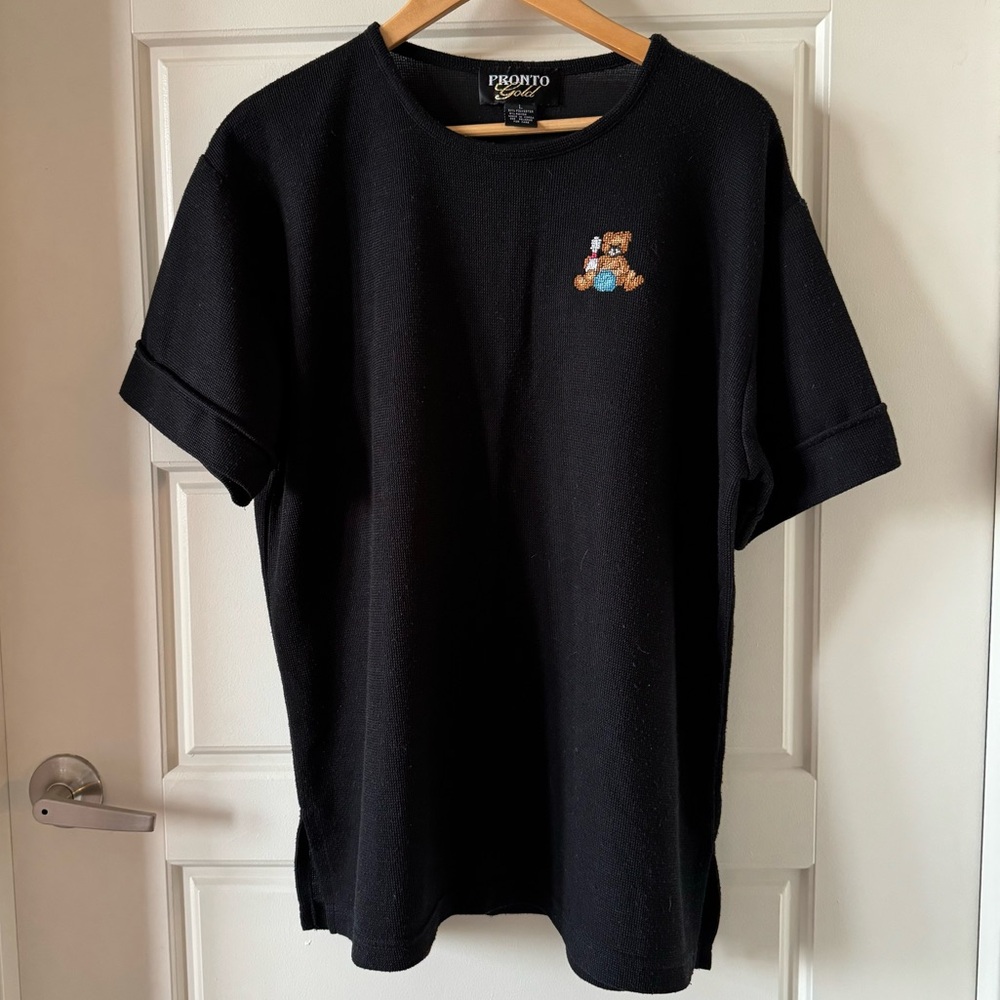 Vintage Pronto Gold Shirt with Embroidered Bowling Teddy Bear Size Large